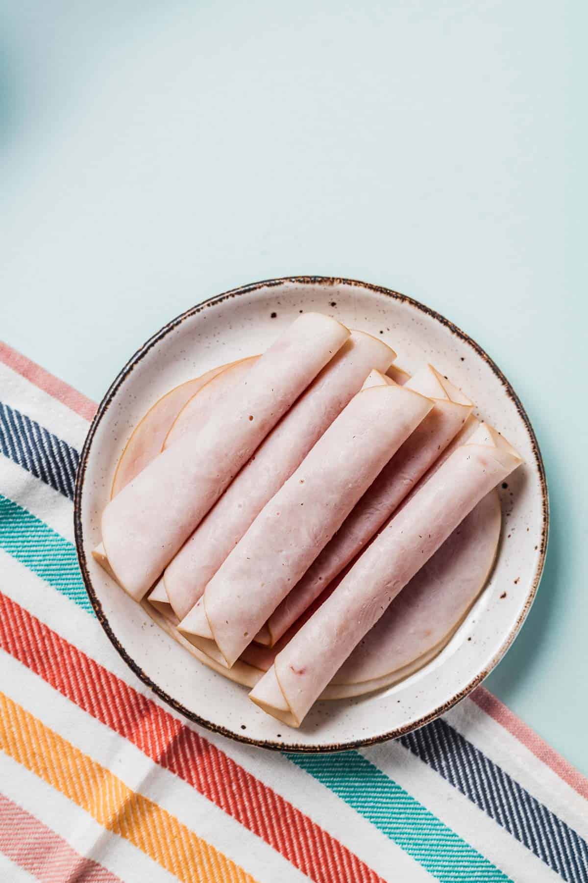 Birds eye view of turkey slices rolled up on a white plate.