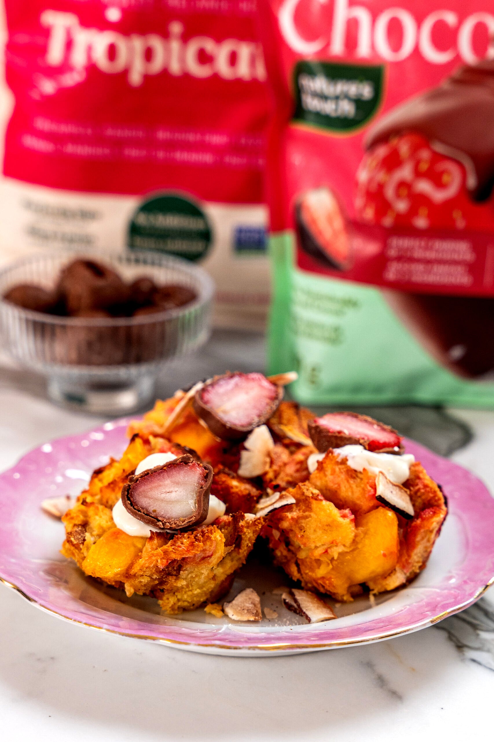 Plate of three tropical french toast muffins.
